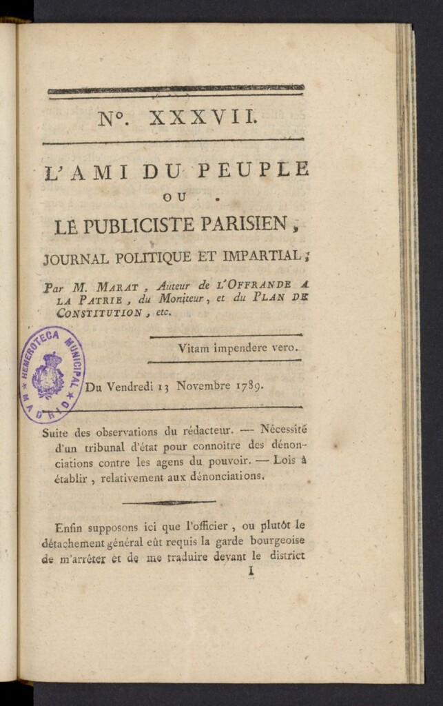 Miniatura de L´Ami du peuple ou Le Publiciste Parisien del 13 de noviembre de 1789, nº 37
