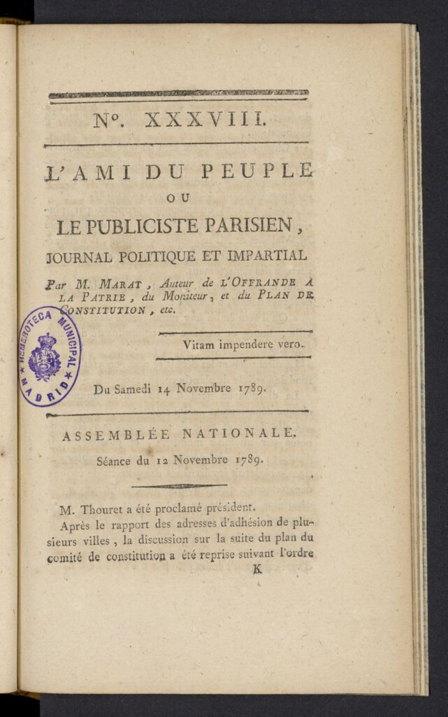 Miniatura de L´Ami du peuple ou Le Publiciste Parisien del 14 de noviembre de 1789, nº 38