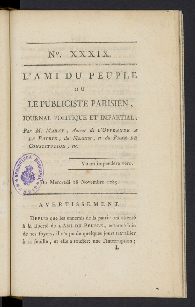 Miniatura de L´Ami du peuple ou Le Publiciste Parisien del 18 de noviembre de 1789, nº 39