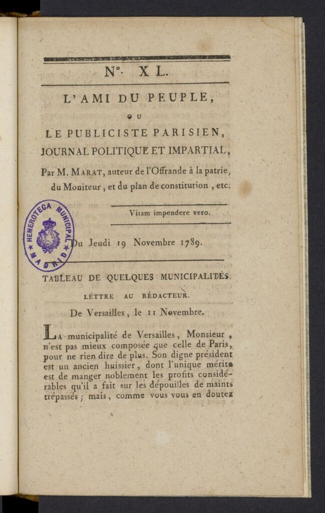 Miniatura de L´Ami du peuple ou Le Publiciste Parisien del 19 de noviembre de 1789, nº 40