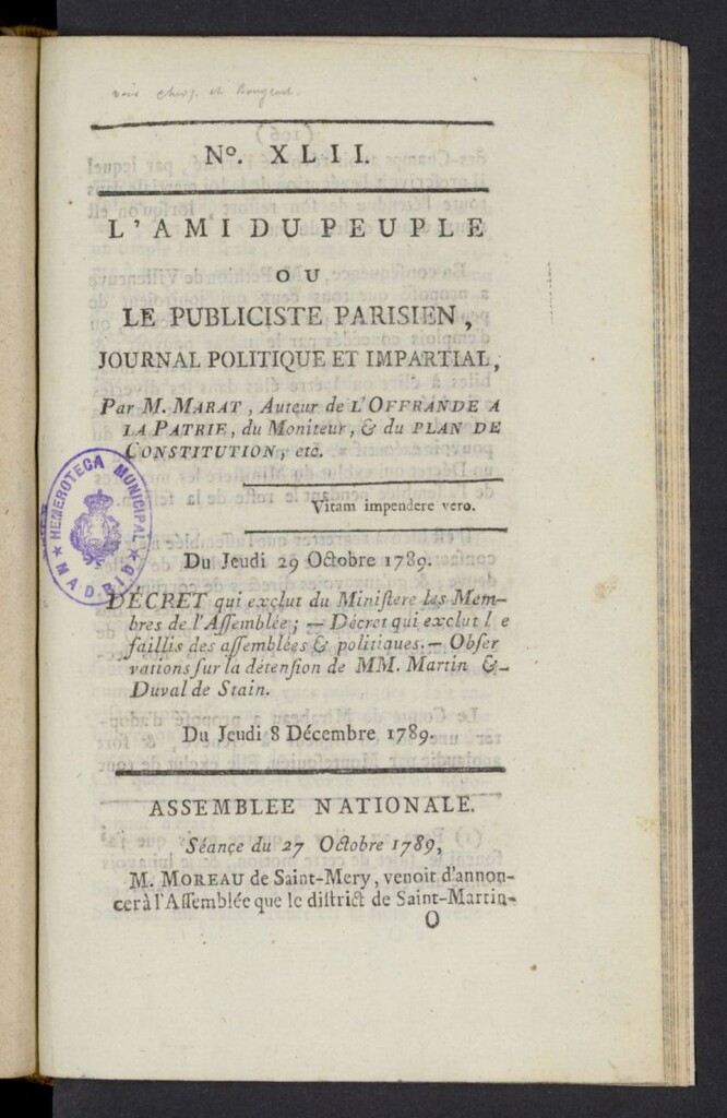 Miniatura de L´Ami du peuple ou Le Publiciste Parisien del 29 de octubre [sic] de 1789, nº 42
