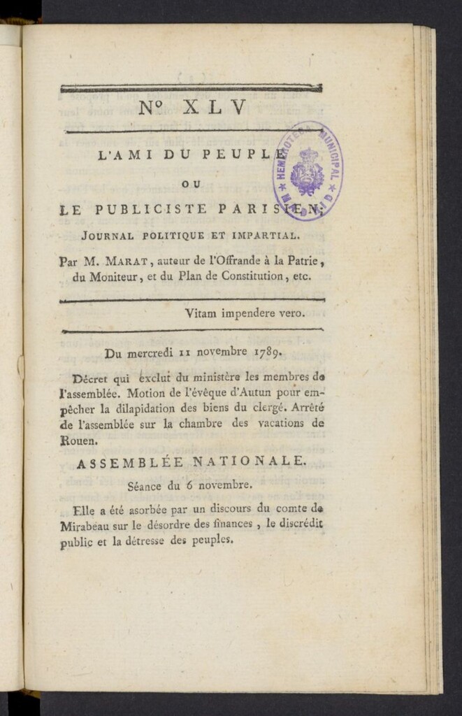 Miniatura de L´Ami du peuple ou Le Publiciste Parisien del 11 de noviembre [sic] de 1789, nº 45