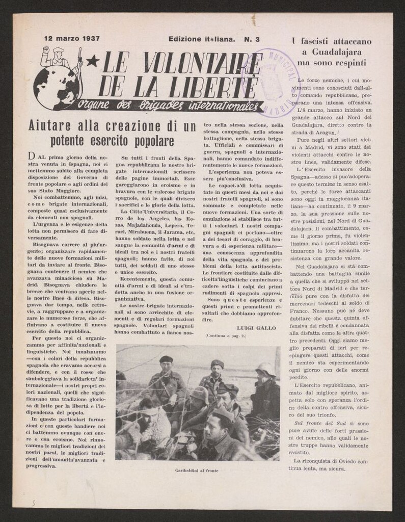 Miniatura de Le Volontaire de la Liberté : Organe des Brigades Internationales. 12 marzo 1937