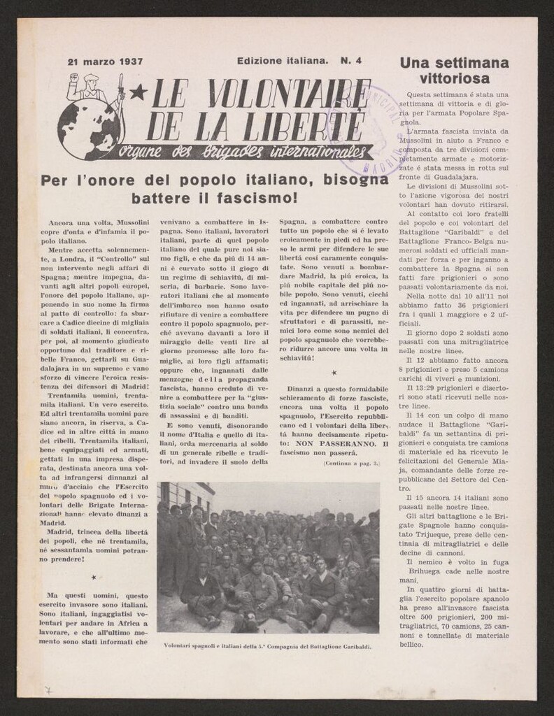 Miniatura de Le Volontaire de la Liberté : Organe des Brigades Internationales. 21 marzo 1937