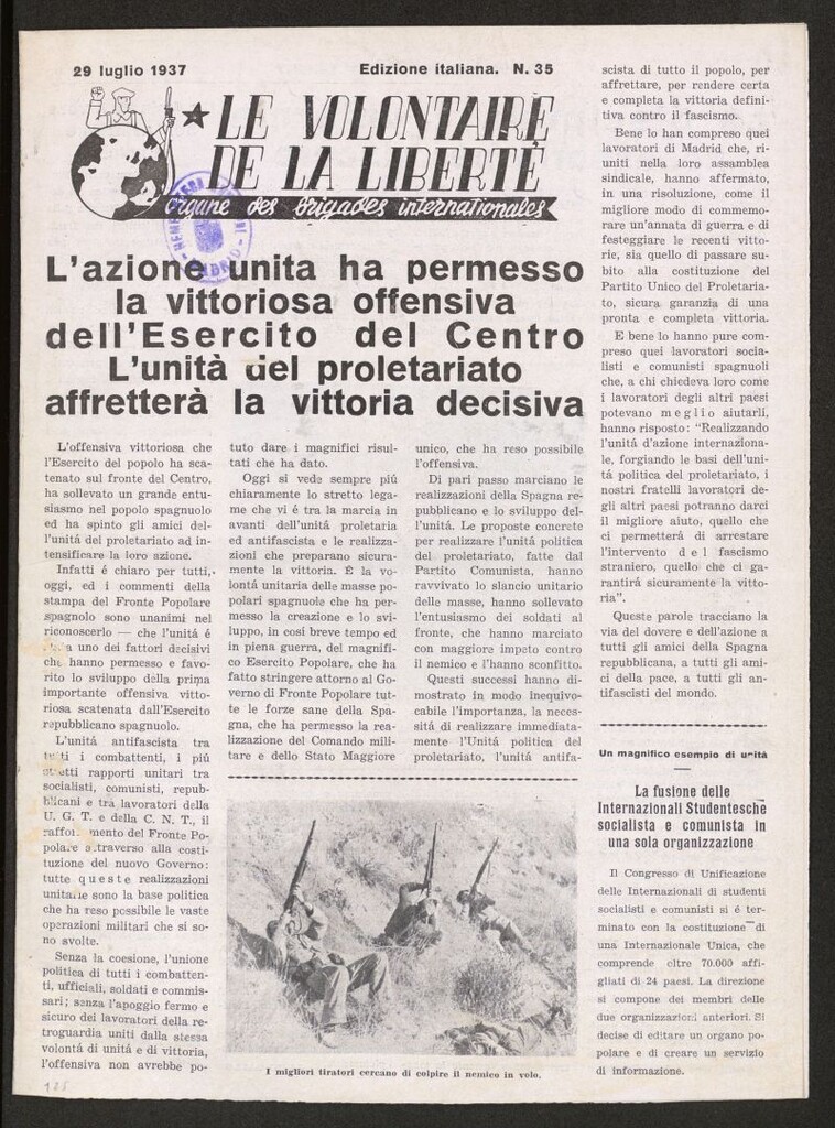 Miniatura de Le Volontaire de la Liberté : Organe des Brigades Internationales. 29 luglio 1937