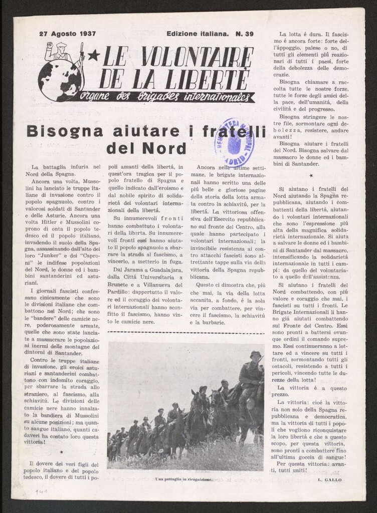 Miniatura de Le Volontaire de la Liberté : Organe des Brigades Internationales. 27 agosto 1937
