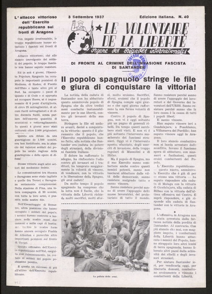 Miniatura de Le Volontaire de la Liberté : Organe des Brigades Internationales. 3 settembre 1937
