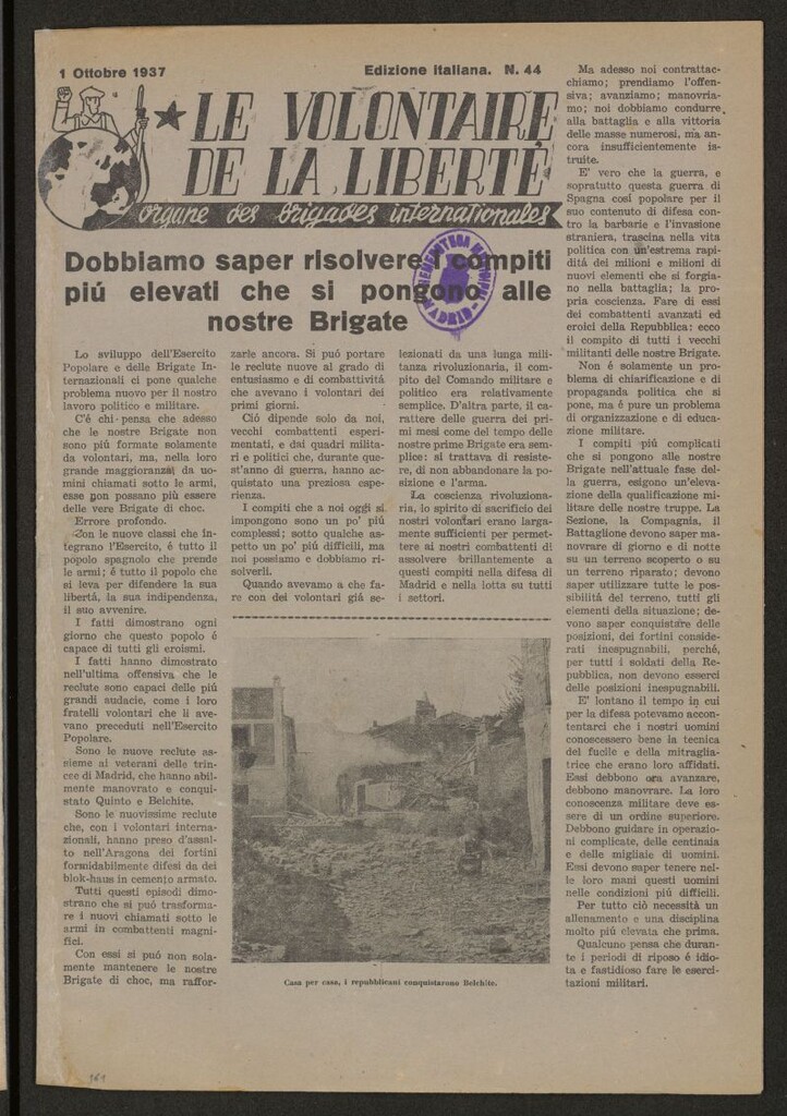 Miniatura de Le Volontaire de la Liberté : Organe des Brigades Internationales. 1 ottobre 1937