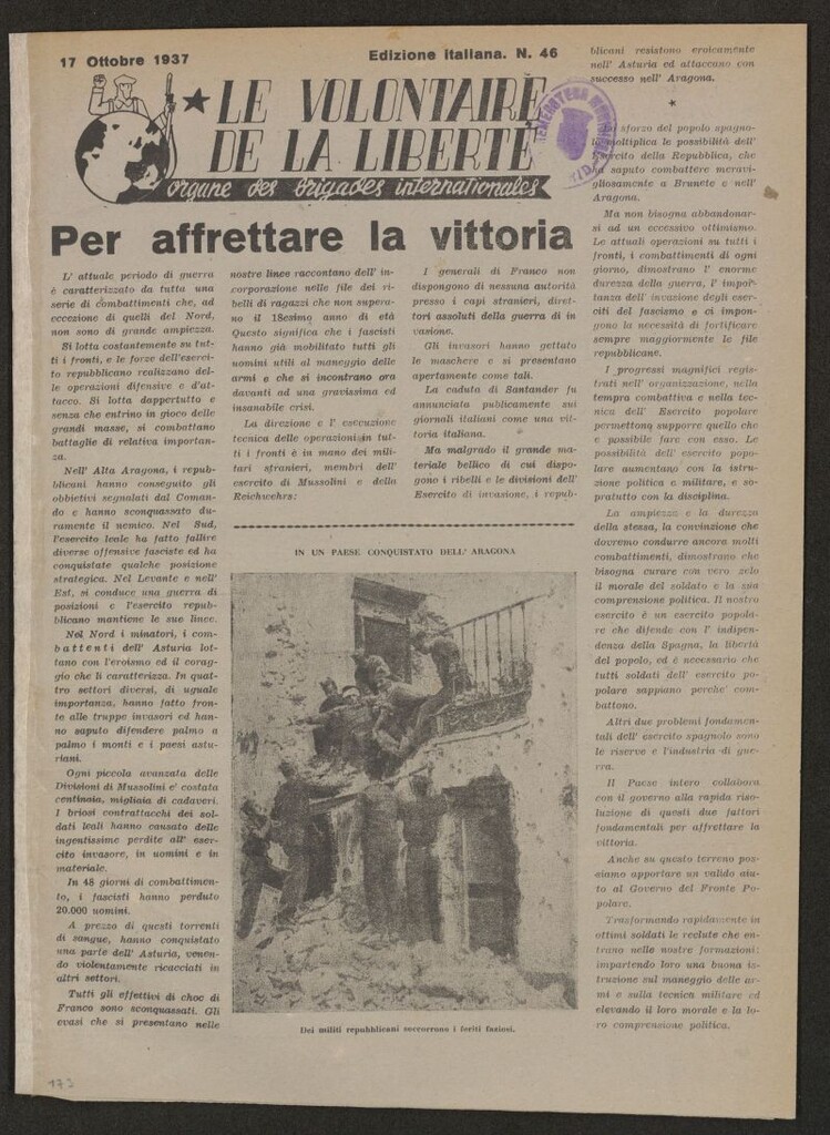 Miniatura de Le Volontaire de la Liberté : Organe des Brigades Internationales. 17 ottobre 1937