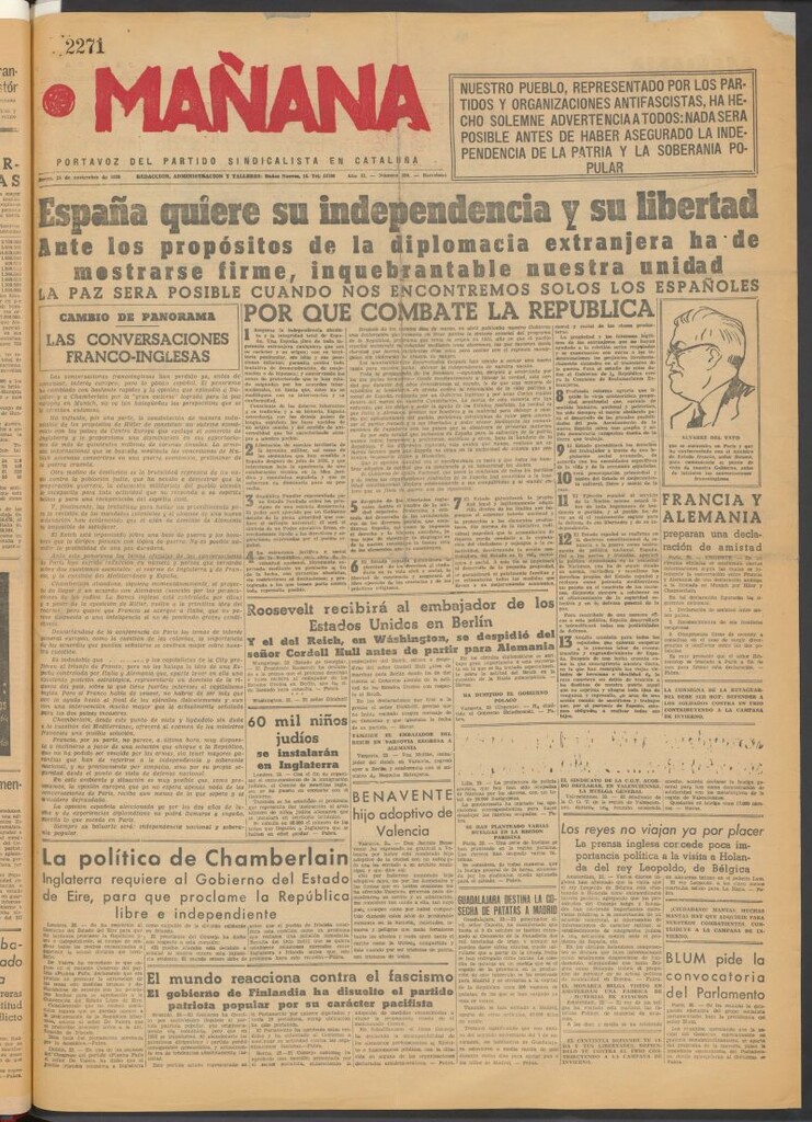 Miniatura de Mañana : portavoz del Partido Sindicalista en Cataluña del 24 de noviembre de 1938