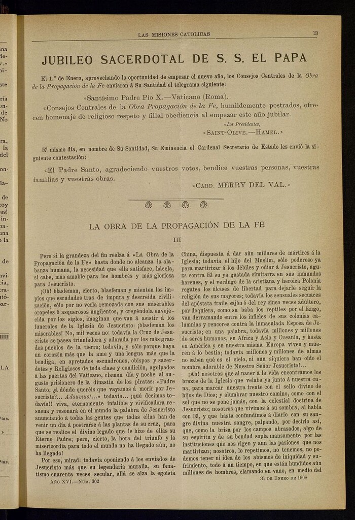 Miniatura de Las Misiones Católicas del 31 de enero de 1908