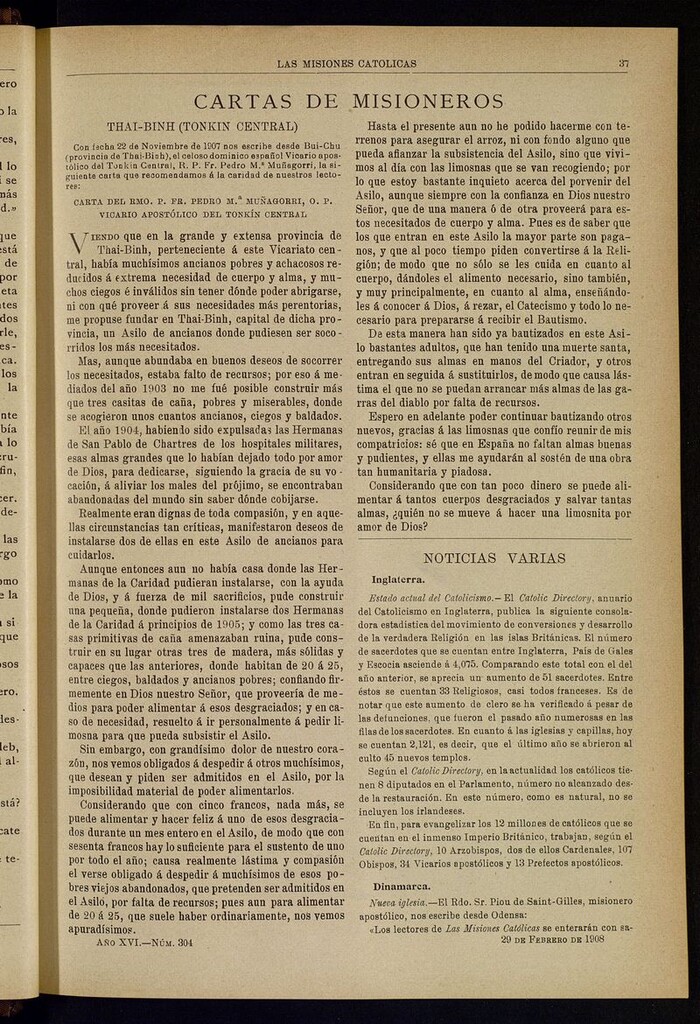 Miniatura de Las Misiones Católicas del 29 de febrero de 1908