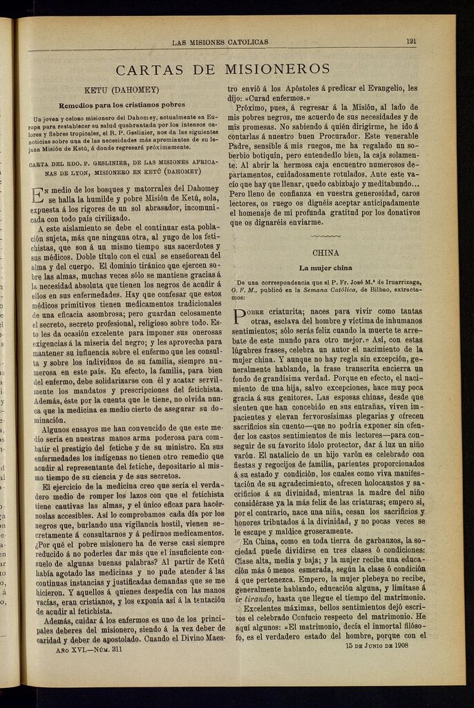 Miniatura de Las Misiones Católicas del 15 de junio de 1908