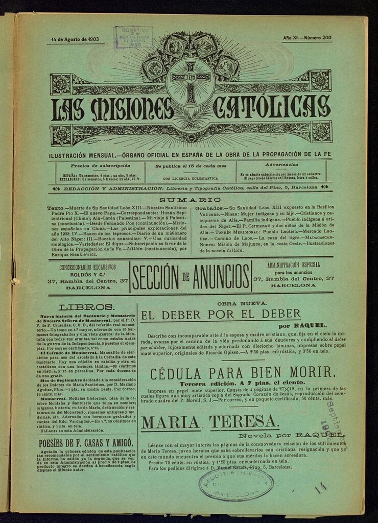 Miniatura de Las Misiones Católicas del 14 de agosto de 1903